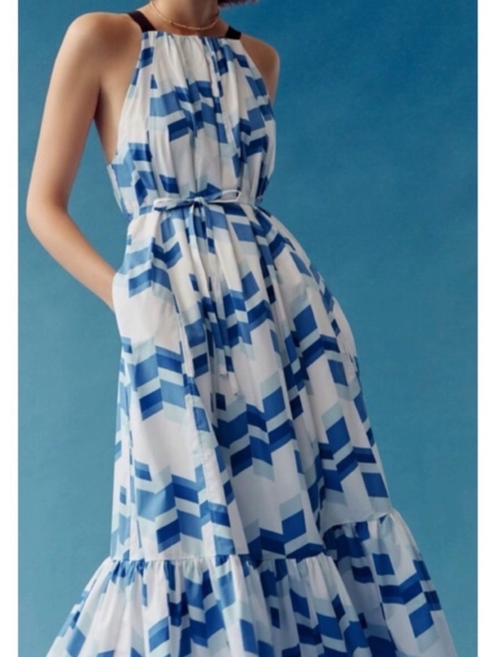 Women’s Anthropologie Blue & White Geometric Halter Maxi Dress